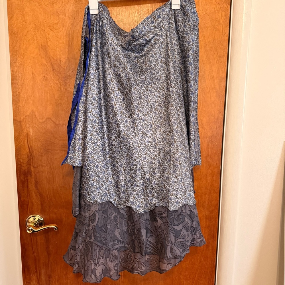 Kariza Silk Blend Boho Reversible Blue and Gray Floral Midi Wrap Skirt